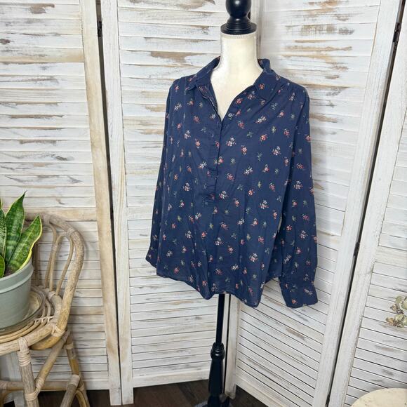 SUNDANCE Women's Large Floral Poppy Bloom Bounce Cotton Popover Button Top Navy - Picture 5 of 14